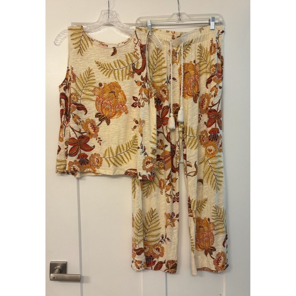 Rachel Zoe Woman's Linen Blend Floral 2 Piece Set Large Multicolor Top And Pant